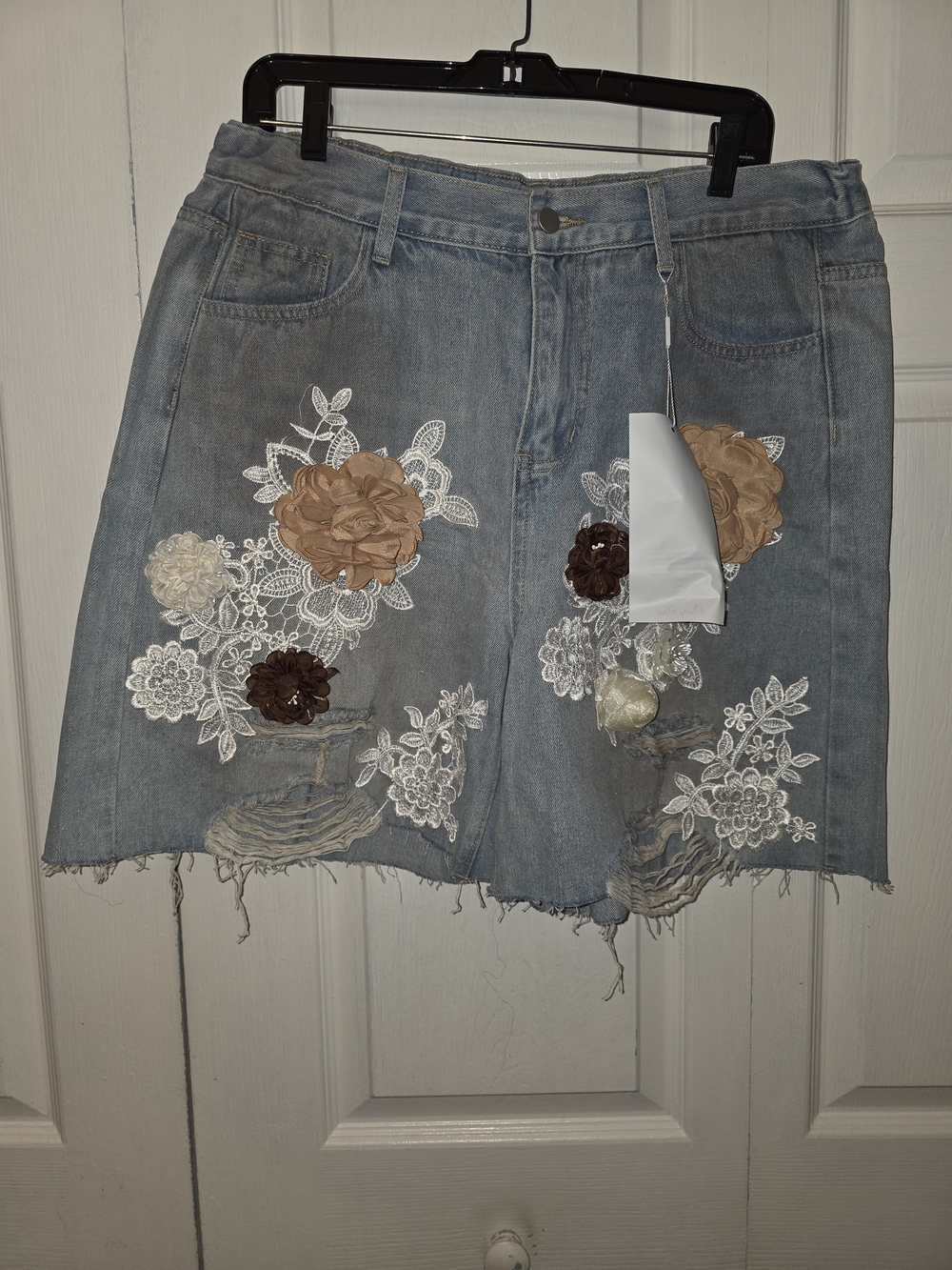 Denim Shorts with Floral Appliqué - Light Blue